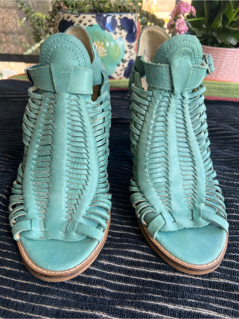 naughty monkey Teal Woven Leather Block Heel Sandals - Picture 4 of 9